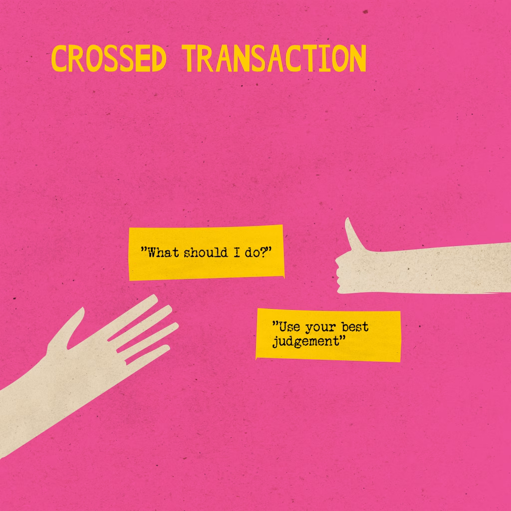 Example of a crossed transaction in transactional analysis involving an adapted child and adult ego estates