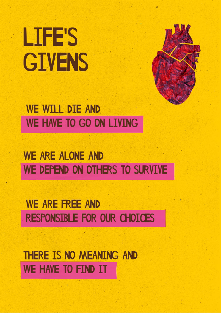 Life's givens
we will die and we have to go on living
we are alone and we depend on others to survive
we are free and responsible for our choices
there is no meaning and we have to find it 